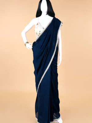 Dark Antic Blue Satin Duchess Cream white Lace border Saree