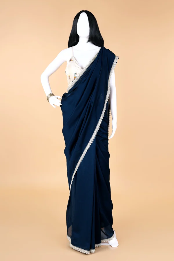 Dark Antic Blue Satin Duchess Cream white Lace border Saree