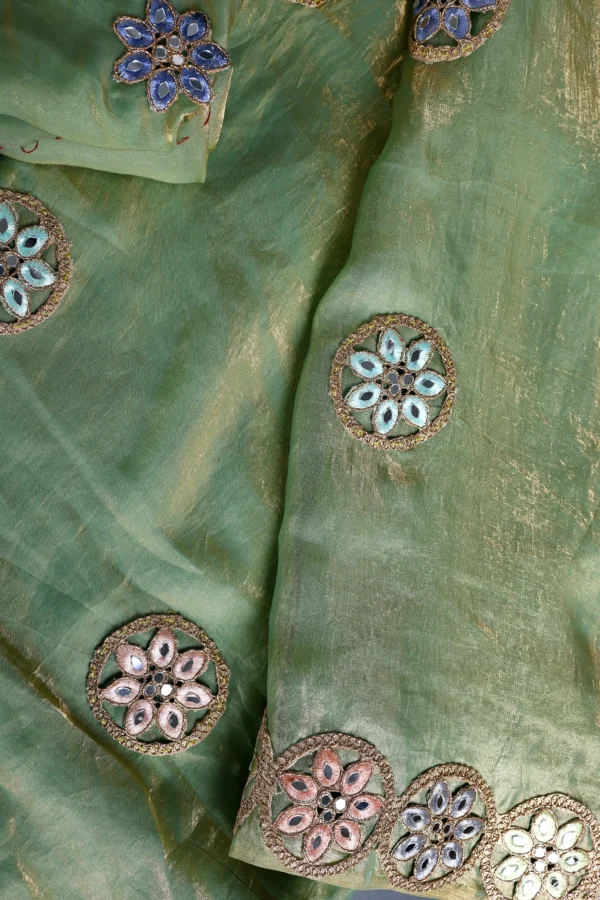 Pastel Splash Green Mirror Flower Lace border Saree - Image 2