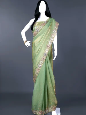 Pastel Splash Green Mirror Flower Lace border Saree