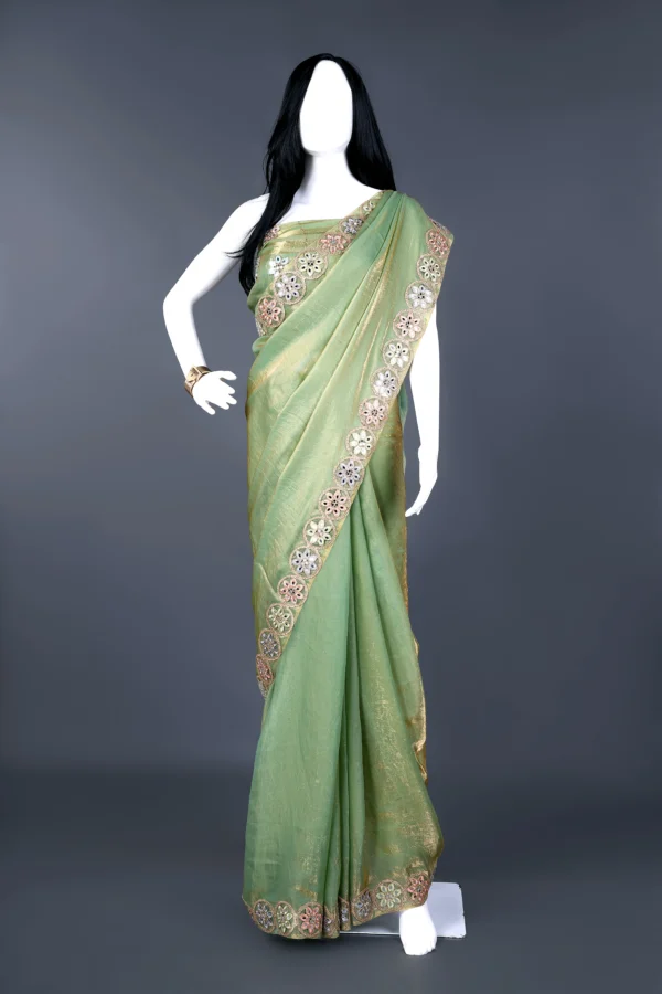 Pastel Splash Green Mirror Flower Lace border Saree