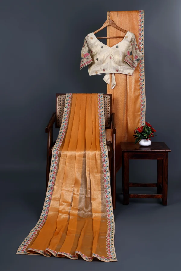 Orange Yellow Tissue Silk Light Gold Zari Lace border Saree - Image 3