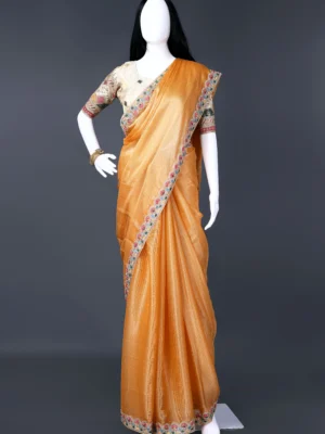 Orange Yellow Tissue Silk Light Gold Zari Lace border Saree