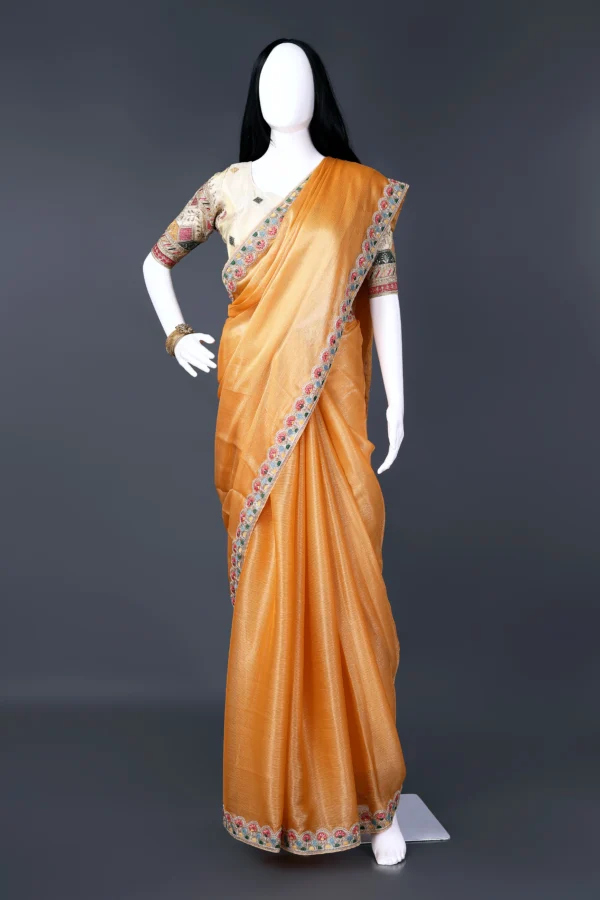 Orange Yellow Tissue Silk Light Gold Zari Lace border Saree