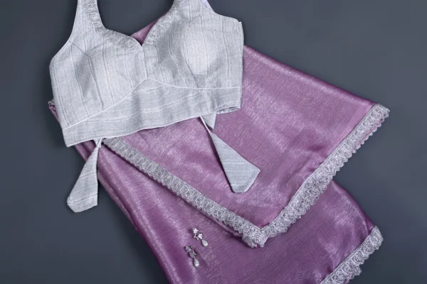 Bright Lilac Lavender Silver Border Lace border Saree - Image 2
