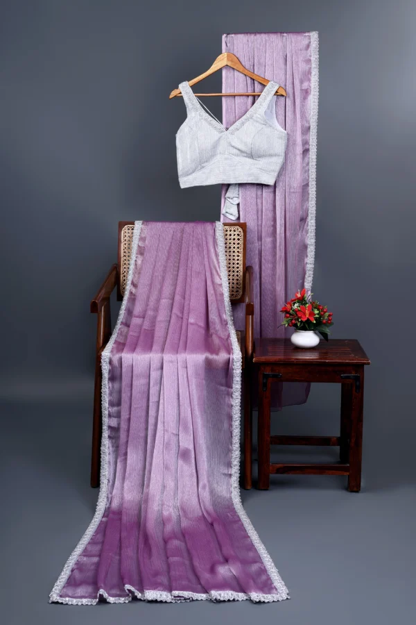 Bright Lilac Lavender Silver Border Lace border Saree - Image 3