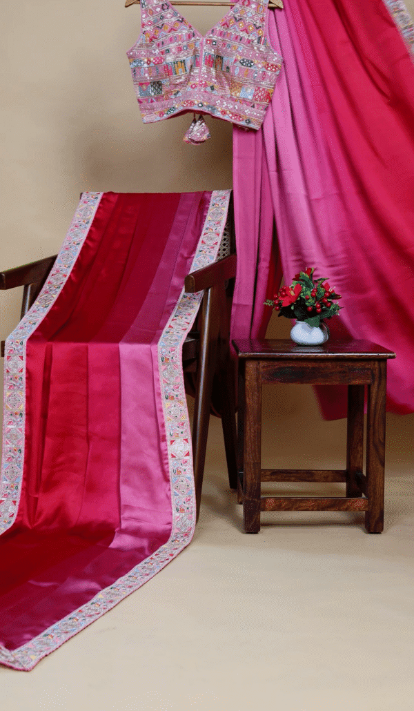 Strawberry Crush Pinkish Red Modal Silk Zari Margin Lace border Saree - Image 4