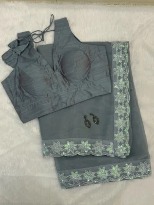 Porpoise Gray Crepe Shimmer Saree