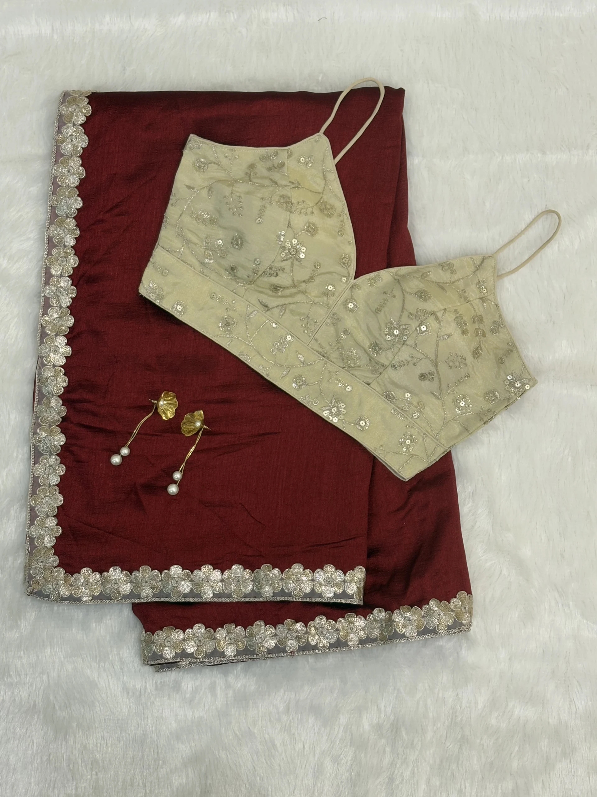 Floral Tomato Red Satin Duchess Saree