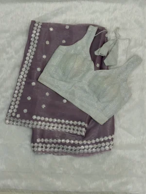 Silver Lilac Light Purple Crepe Shimmer Saree