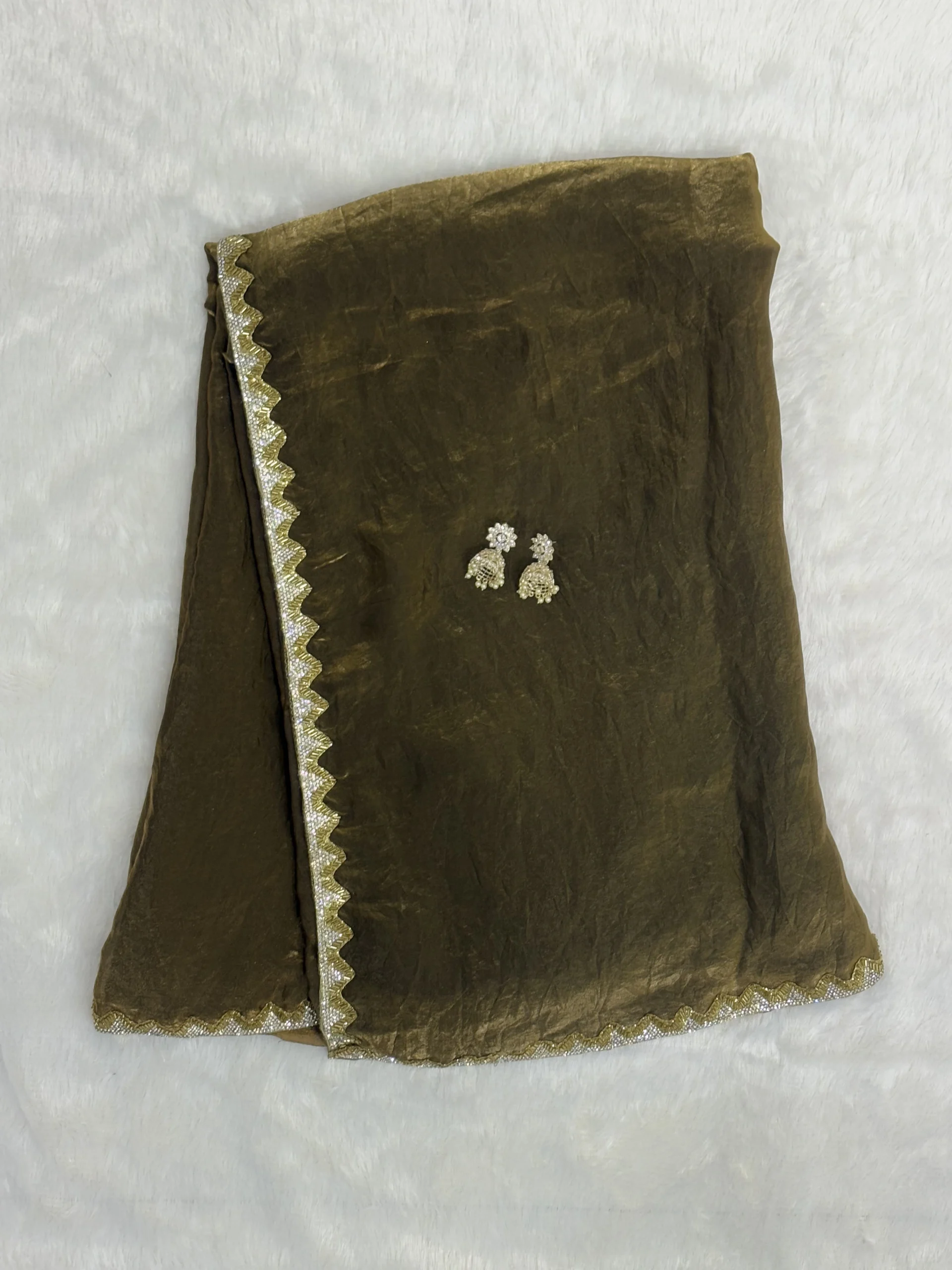 Dark Gold Crown Thatch Green Diamond chiffon Saree