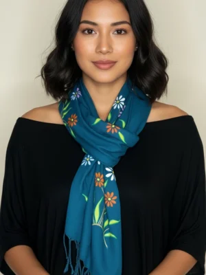 Ocean Blossom Viscose fabric Hand painted Blue Scarf