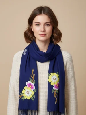 Sapphire Daffodil Viscose fabric Hand painted Dark Blue Scarf